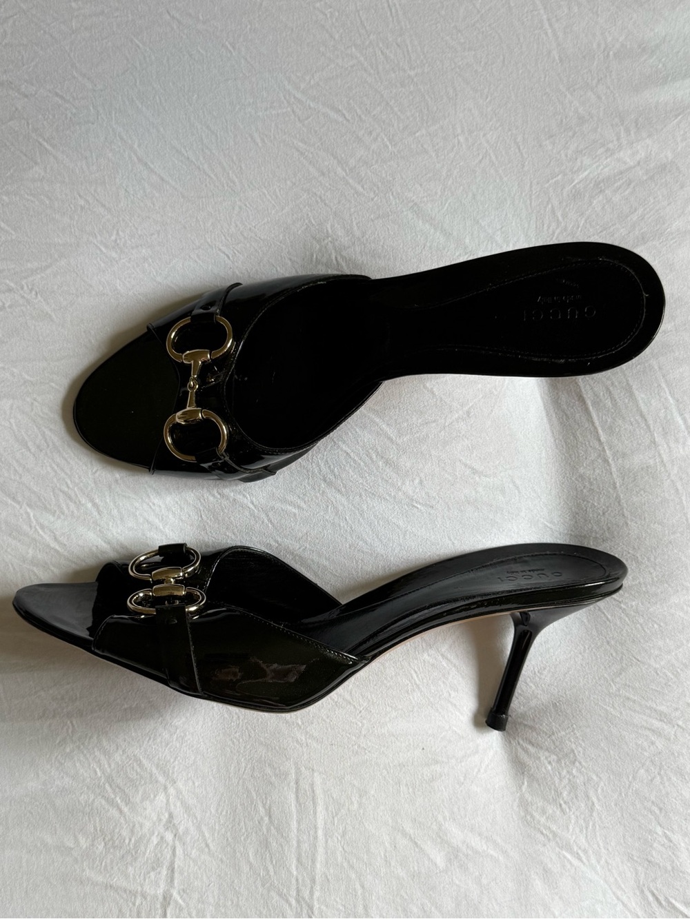 Vintage Gucci Tom Ford Era Black Patent Leather Open-Toe Kitten Heel Mules